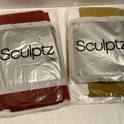 2 Pair Sculptz by Silkies Shaping Tights Size 2XL RED BRICK & CHARTREUSE Opaque