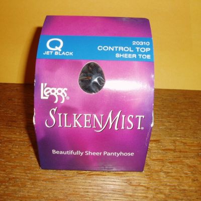 Leggs Silken Mist Control Top Pantyhose Sz Q Jet Black Sheer Toe NIP Vtg $0 S/H!