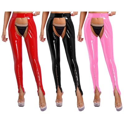 Womens Wet Look PU Leather Open Butt Tights Zipper Leg Trousers Night Club Pants