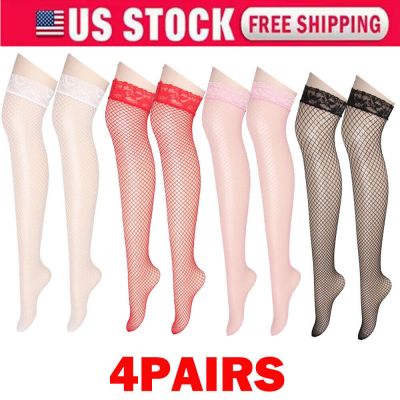 4Pairs 4-Colors Women Stockings Lace Mesh High Thigh Fishnet Sexy Long Pantyhose