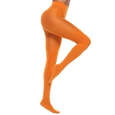 Women's Solid Color Semi Opaque Footed Tights Soft Stretch Pantyhose Orange S...