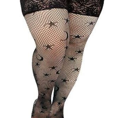 Plus Size Fishnet Stockings for Women Silicone Lace Top Stay Up Black Sky