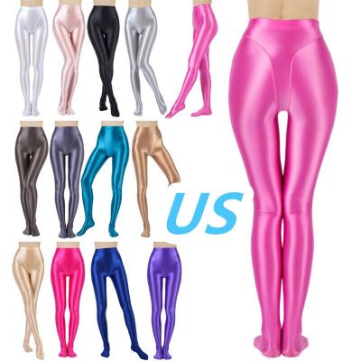 US Womens Shiny Glossy Footed Pantyhose Stockings Solid Color Yoga Tights Pants