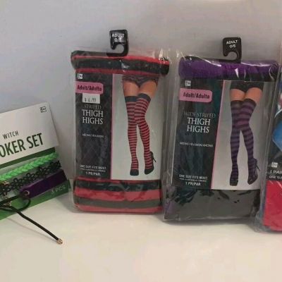 Lot of 3 Pairs Thigh High Novelty Stockings/Tights - Halloween Witch Choker Set