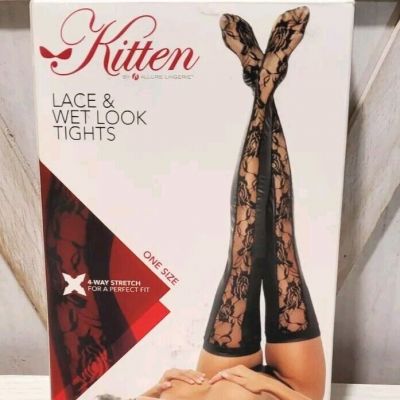 Kitten Lace & Wet Leather Look Garter Tights by Allure Lingerie