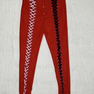 Fashion Nova Lace Up Faux Suede Leggings Red Stretch Size Medium Zipper