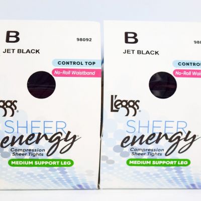 2 L'eggs SheerEnergy Control Top Medium Support Leg  No Roll JET BLACK Tight B