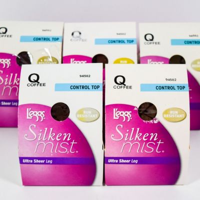 5 L'eggs Silken Mist COFFEE Control Top Ultra Sheer Run Resistant Tights size Q