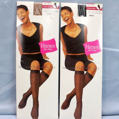 HANES HER WAY Lot 2 THE COMFORT COLLECTION Black/Nude SHEER KNEE HIGH One Size