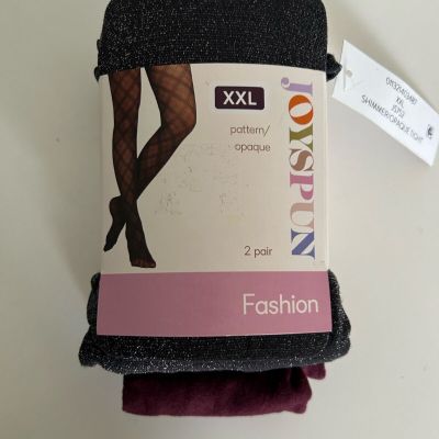 NWT Joyspun Women's Black Glitter/Plum Opaque 2 Pack Tights Size XXL