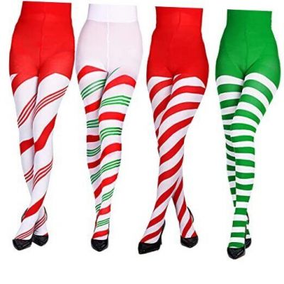 4PCS Christmas Striped Tights Red Green High Stocking Full Length Novel Style