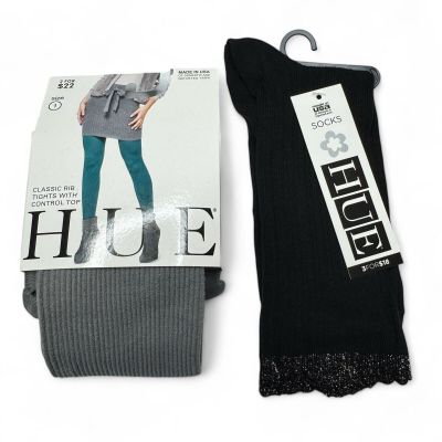 Hue Classic Rib Tights with Control Top Womens Size 1 Gray | 1 Pair Black Socks