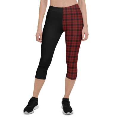 Half and Half Split Capri Leggings Black Red Plaid Goth Punk Athletic Fashion