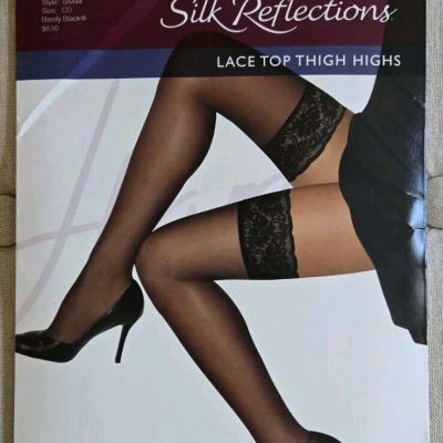 Hanes Silk Reflections Lace Top Thigh Highs Stockings-Barely Black-Size CD