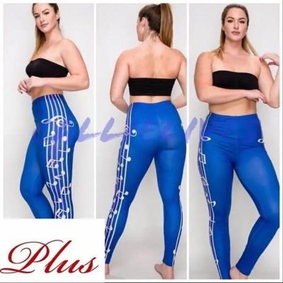 Stasia Blue Notes: 3D Musical Silky Graphic Leggings Plus Sized 1X/2X OSFM