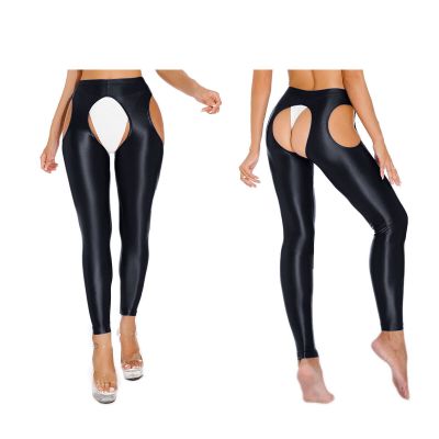 US Womens Oil Crotchless Pantyhose High Waist Stockings Yoga Tights Long Pants