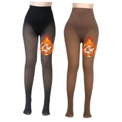 2 Pairs Women Fleece Lined Tights - Triangle Crotch Design Medium Black+brown