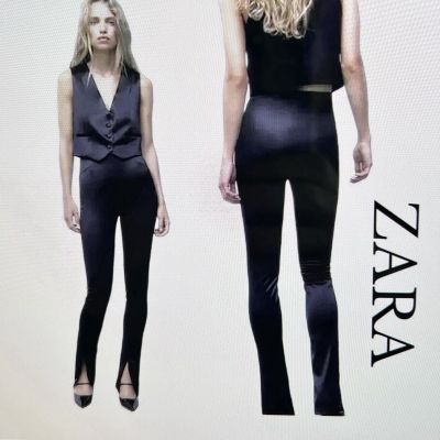 Zara Satin High Rise Split Hem Dressy Leggings Womens Small Black NWT