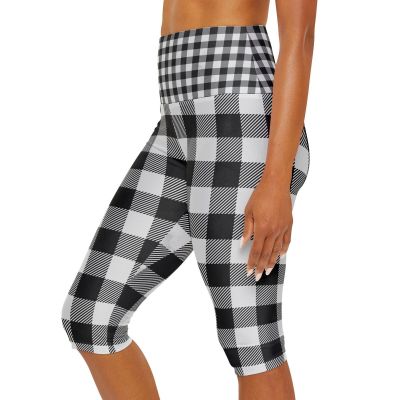 Plaid Yoga Capri Leggings - White/Black Squares Skinny Pants, Workout Clothes,