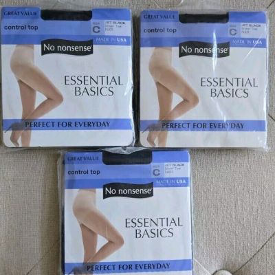 No Nonsense Essential Basics Control Top Pantyhose-Size C-Jet Black-Lot Of 3