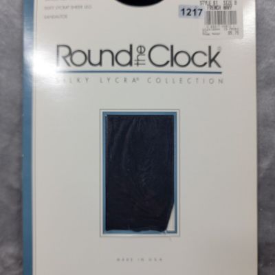 Round The Clock Control Top Sheer Leg Pantyhose Silky Lycra 61 sz B French Navy