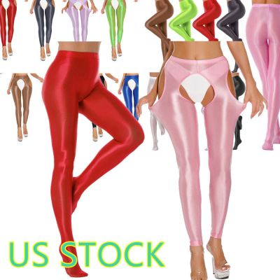 US Women' Crotchless Pantyhose Shiny Oil Glossy Tights High Waist Footless Pants