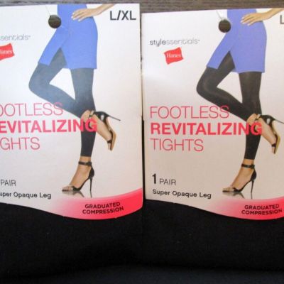 2 PAIRS Hanes Women's Footless Revitalizing Compression Tights BLACK Size L XL