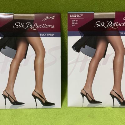 Lot of 2 Hanes Pantyhose Silk Reflections Control Top Sheer Toe 717 EF