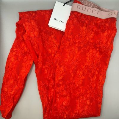 Gucci Red Floral Lace Tights with Nude Logo Waistband Women’s Size S Authentic