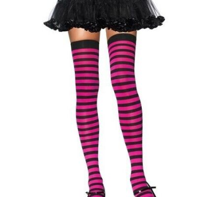 LEG AVENUE 6005 STOCKINGS NYLON STRIPED THIGH HIGHS BLACK FUCHSIA NEW