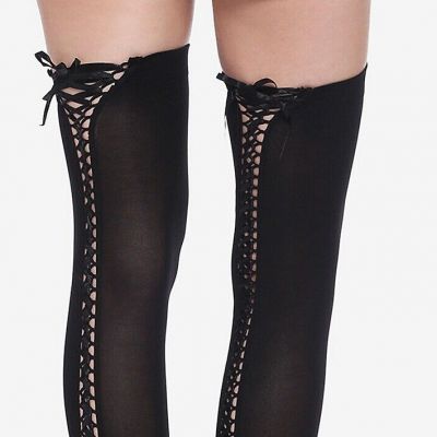 SEXY GOTHIC PUNK LACE UP CORSET BACK BLACK OPAQUE THIGH HI STOCKINGS CHERRITA