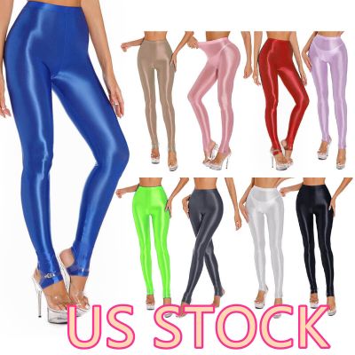 US`Women Sexy Glossy Stirrup Step on Foot Fitness Yoga Shiny Stretchy Tight Pant