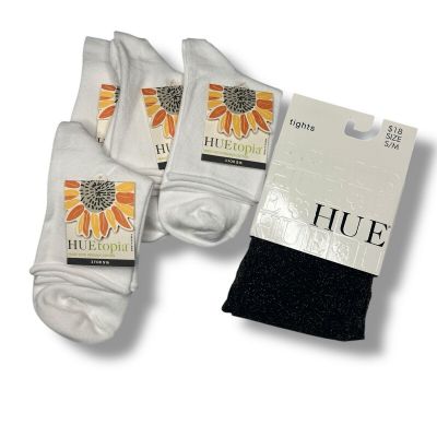 Huetopia Roll Top Shortie Socks 4 Pair White With Black Gold Metallic S/M Tight