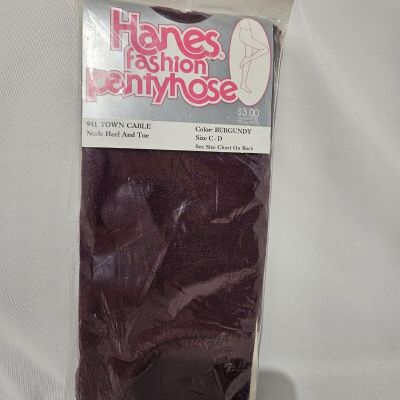 Vintage Hanes Fashion Pantyhose, Burgundy Size C-D 941 Town Cable Nude Heel/Toe