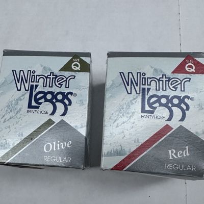 Vtg 2 Pair Winter Leggs Pantyhose Red Olive NOS Size Q