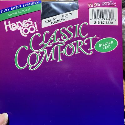 90s Hanes Too! Classic Comfort Sandalfoot Pantyhose Sz CD CLASSIC NAVY Blue