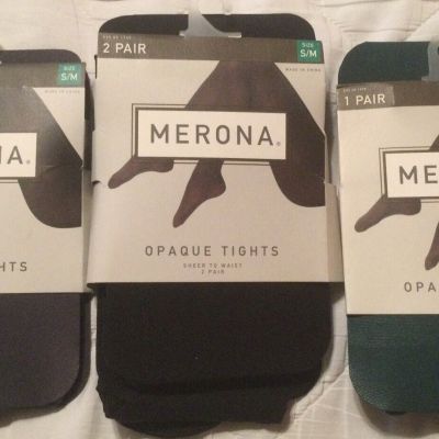 4 MERONA WOMENS OPAQUE TIGHTS - 2 BLACK - 1 GRAY - 1 HUNTER GREEN - SIZE S/M