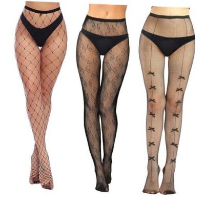 3 Pairs Patterned Fishnet Stockings Medium Seven Bows + Big Net + Butterfly Net