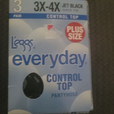 Leggs Everyday Control Top Pantyhose Jet Black 3X 4X Plus 3 Pair New