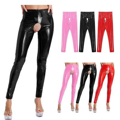 US Women Leather Pants Crotchless Pantyhose Long Trousers Rave Party Tights Club