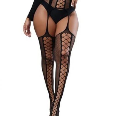 Fishnet Stockings for Women Patterned High Waist Tights Medium Black T1