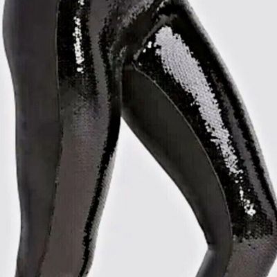 NWT NEW Shimmery SPANX Faux Leather SEQUIN Sparkly LEGGINGS-#20189R-BLACK-Sz XS