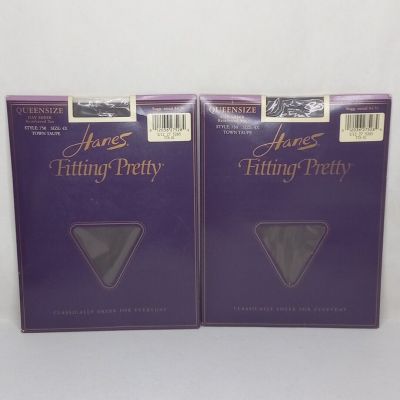 2 Vintage Hanes Fitting Pretty Pantyhose Queen Size 4X Town Taupe Reinforced Toe