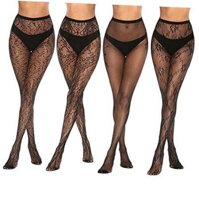 4 Pairs Womens Patterned Black Fishnet Stockings Tights Sexy One Size Black-3