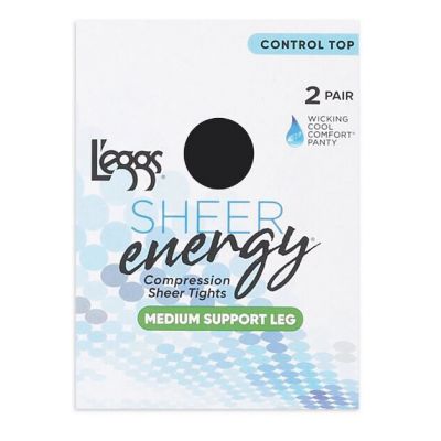 L'eggs Sheer Energy Medium Leg Support Control Top Tights Jet Black 2 Pair Q