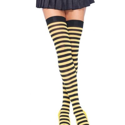 Leg Avenue 6005 Women's Black & Yellow Striped Nylon Thigh High Socks - One Size