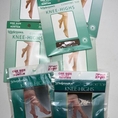 Walgreens Comfort Top Reinforced Toe Knee Highs Suntan One Size 8.5-11  Lot Of 7