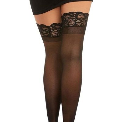 SHEER THIGH HIGH STOCKINGS LACE TOPS OS BLACK- Dreamgirl