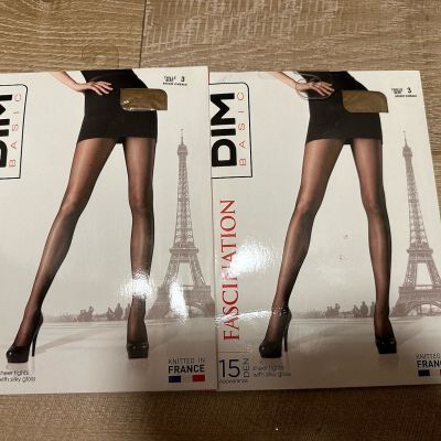 2 DIM 15 Den Fascination Sheer Tights with Silky Gloss Bronze  Sz 3 New Unopened