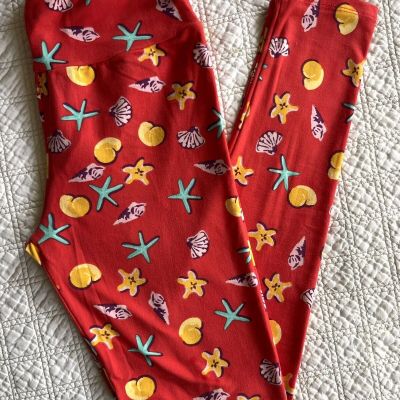 Lularoe Leggings OS Bright Coral Turquoise Yellow Shells Seashells Starfish Flaw